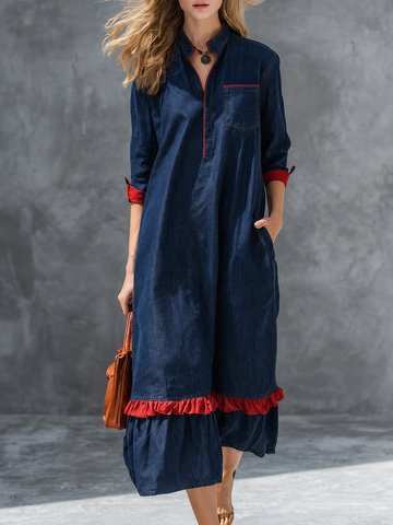 Vintage Denim Shirt Maxi – Red Piping Chest Pocket Ruffle Hem 3/4 Sleeve