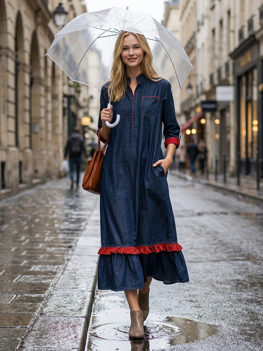 Vintage Denim Shirt Maxi – Red Piping Chest Pocket Ruffle Hem 3/4 Sleeve