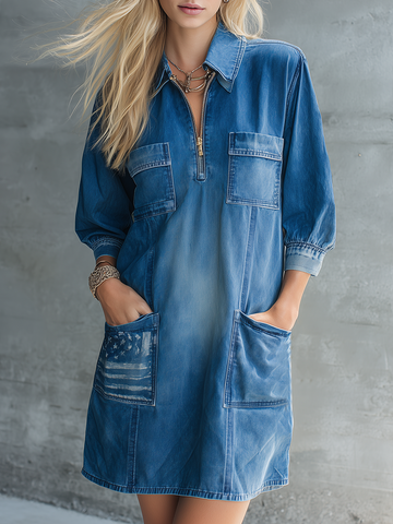 Vintage Denim Shirt Dress – Half-Zip, Three-Quarter Sleeve, Cargo Pockets