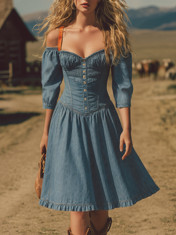 Western Off-the-shoulder Strappy Denim Dress