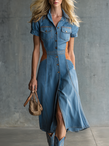 Western Suede-panel Contrast Denim Dress