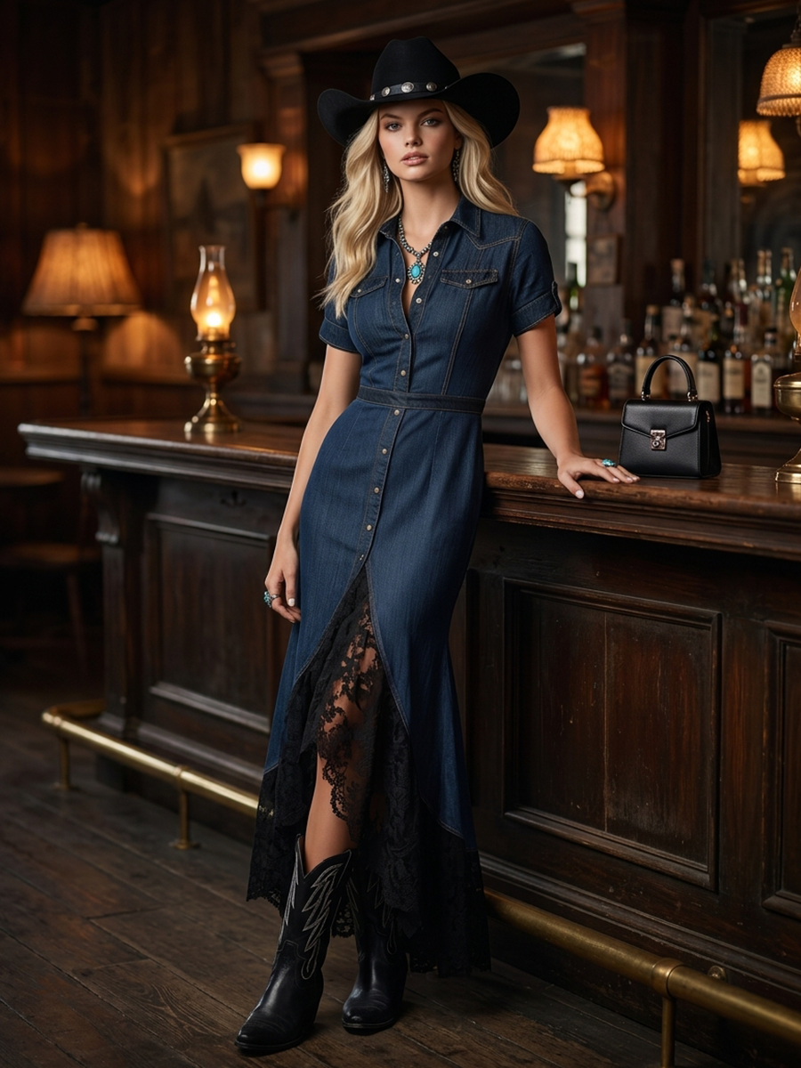 Western Lace-panel Denim Mermaid Dress