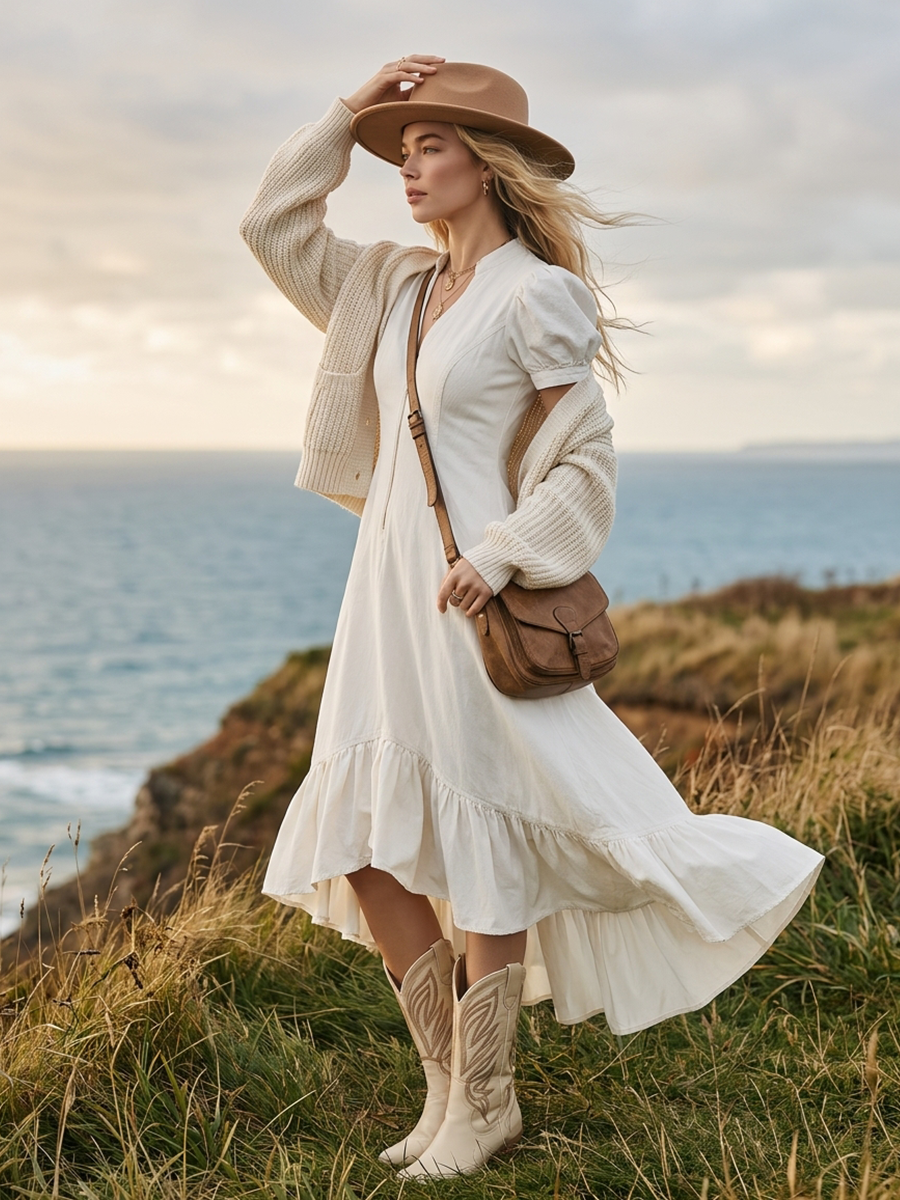 Casual Puff-sleeve Ruffle Denim Dress