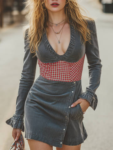 Vintage Plaid-panel Side-button Denim Dress