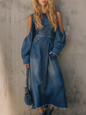 Vintage Off-shoulder Raw-edge Contrast Denim Midi Dress