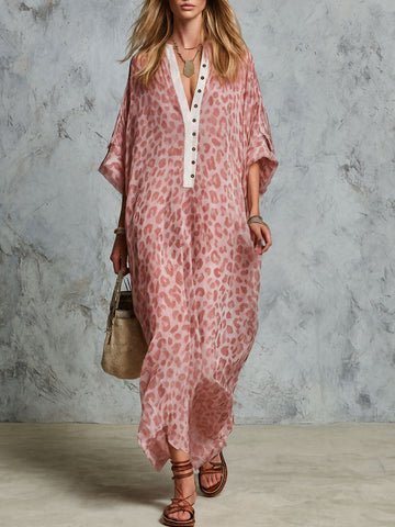 Western Retro Pink Leopard Print V-Neck Three-Quarter Sleeve Chiffon Maxi Dress