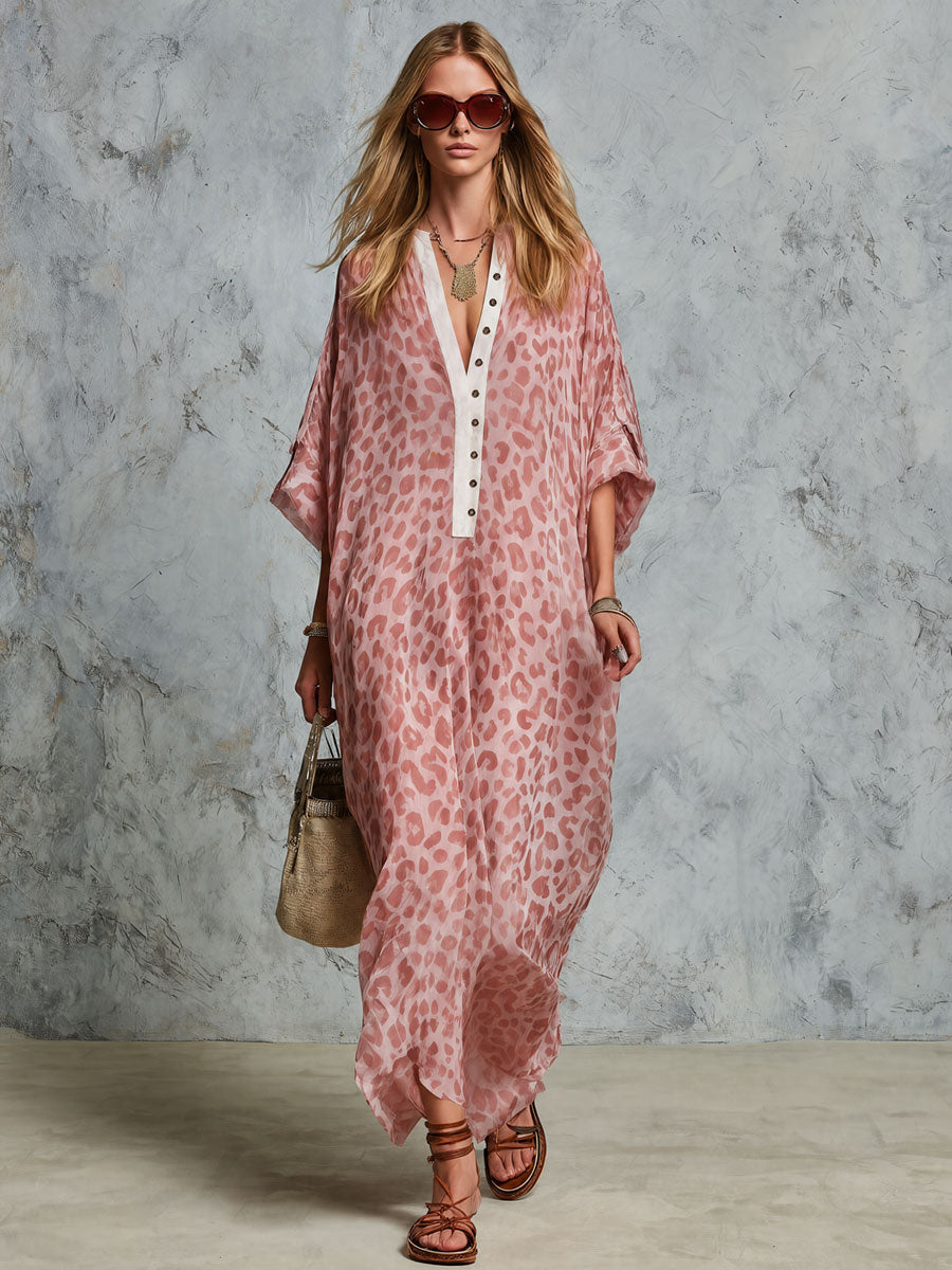 Western Retro Pink Leopard Print V-Neck Three-Quarter Sleeve Chiffon Maxi Dress