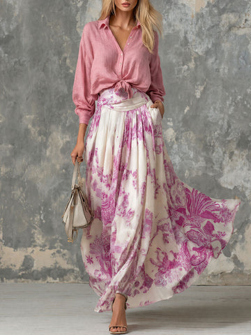 Retro-elegant Pink Cotton-linen Shirt And Paisley Chiffon Skirt Set