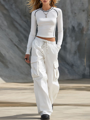 Casual Retro Round Neck White Long-sleeved T-shirt And Striped Cargo Pants Set