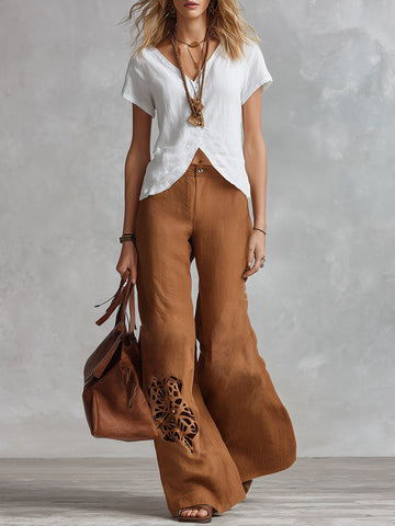 Vintage-style Elegant White T-shirt And Brown Cut-out Wide-leg Trousers Cotton-linen Set