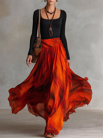 Elegant Black Stretch Cotton And Orange-red Printed Chiffon Patchwork Maxi Dress