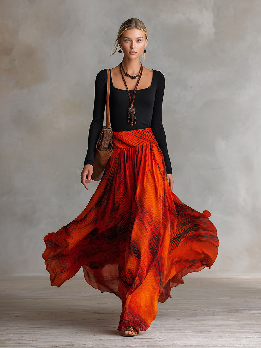 Elegant Black Stretch Cotton And Orange-red Printed Chiffon Patchwork Maxi Dress