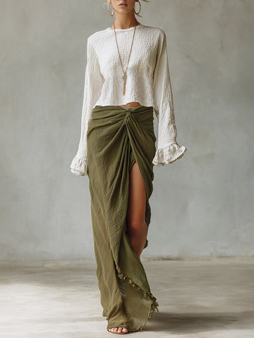 Retro Bohemian-style Beige Crinkled Top And Green Wrap Skirt Cotton-linen Set
