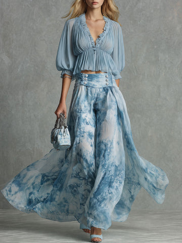 Retro-elegant Blue Printed Chiffon Blouse And Skirt Set