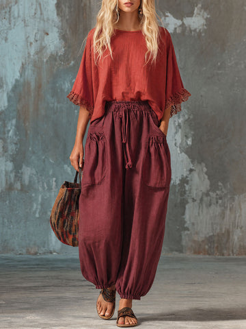 Casual Retro Red Batwing Sleeve Cotton And Linen T-shirt And Lantern Pants Set