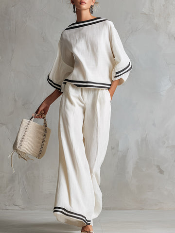 Elegant Minimalist Trim White Cotton-Linen T-Shirt And Wide-Leg Pants Set
