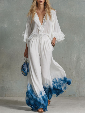 Retro-elegant White Ruffled V-neck Chiffon Blouse And Blue Tie-dye Trousers Set