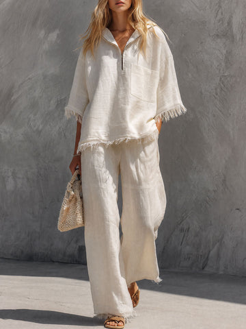 Casual Retro Off-white Hooded Fringed Cotton And Linen Shirt And Pants Set