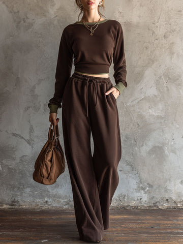 Casual Retro Sporty Chocolate Cotton Crew Neck Sweatshirt And Wide-Leg Pants Set