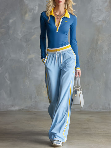 Casual Sporty Retro Color-blocked Blue Top And Pants Set
