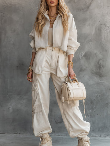 Casual Urban Off-White Striped Shirt And Multi-Pocket Cargo Pants Set