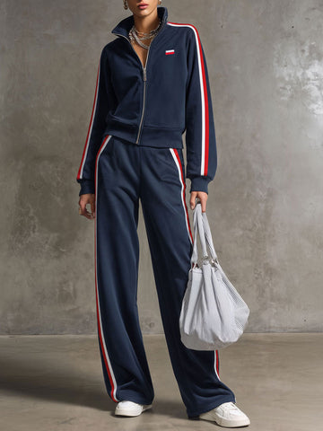 Casual Retro Sporty Embroidered Dark Blue Cotton Zipper Sweatshirt And Wide-Leg Pants Set