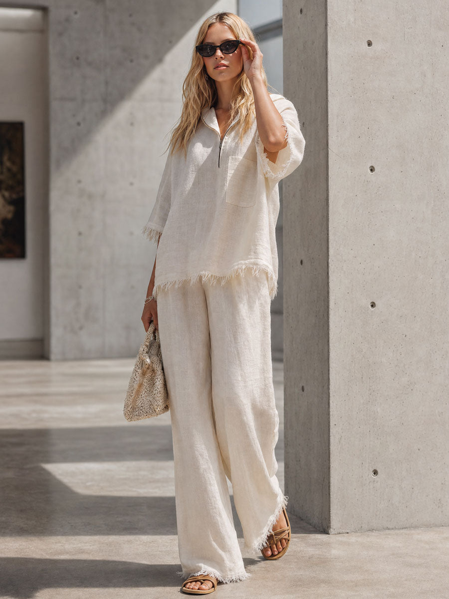 Casual Retro Off-white Hooded Fringed Cotton And Linen Shirt And Pants Set