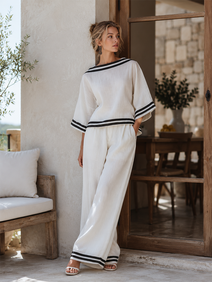 Elegant Minimalist Trim White Cotton-Linen T-Shirt And Wide-Leg Pants Set