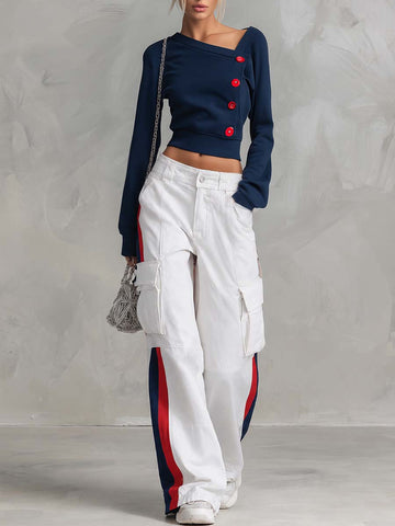 Sporty Navy Asymmetric Button Top Striped Cargo Pants Set