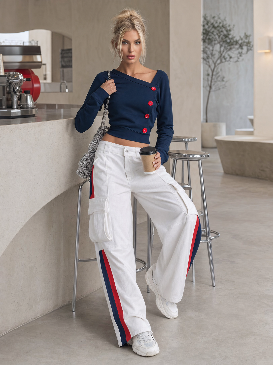 Sporty Navy Asymmetric Button Top Striped Cargo Pants Set