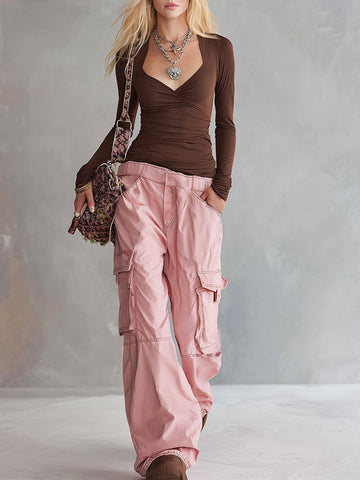 Casual Everyday Brown Stretch Top & Pink Wide-Leg Cargo Pants Set