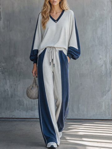 Casual Retro Color-blocked V-neck Long-sleeved Sweatshirt And Pants Set