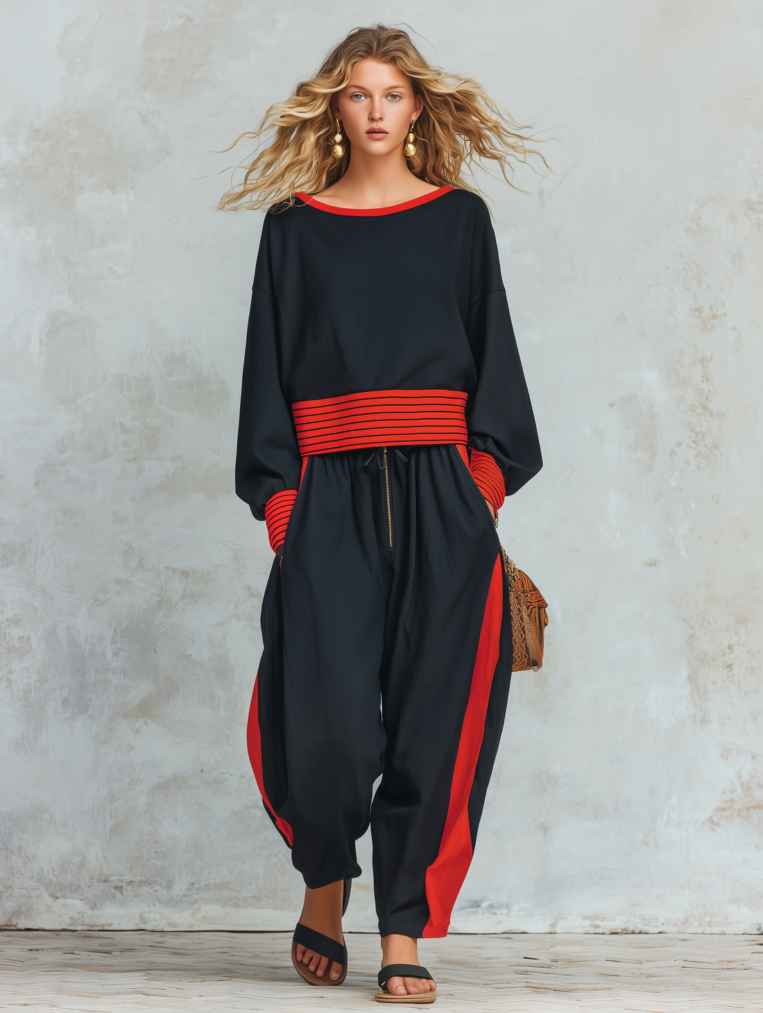 Black cotton-linen blend set in a retro casual and elegant Western style featuring red striped panel details