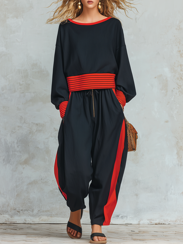 Black cotton-linen blend set in a retro casual and elegant Western style featuring red striped panel details