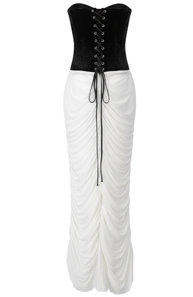Strapless Draped Corset Maxi Dress Black White