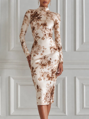 Ivory Brown Floral Print High Neck Bodycon Midi Dress