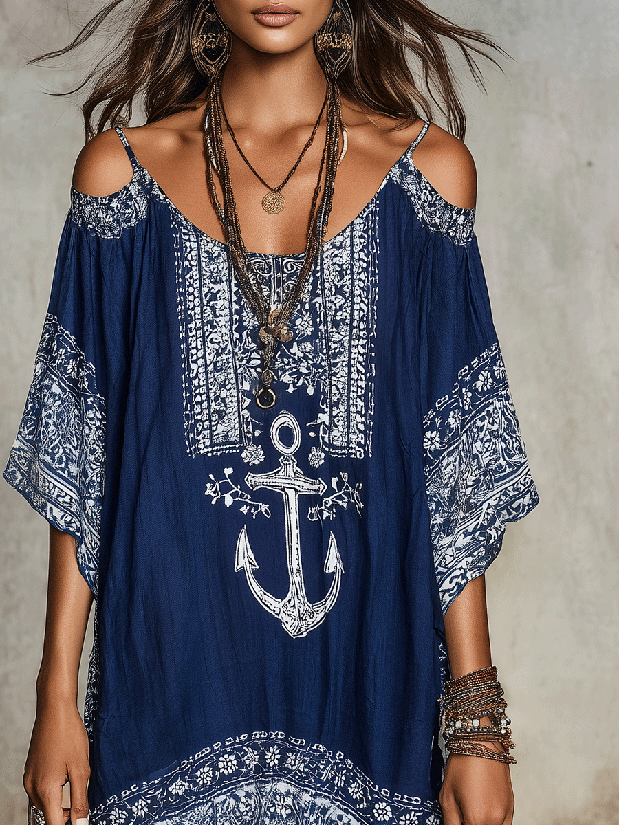 Nautical Boho Anchor Print Cold-Shoulder Mini Dress
