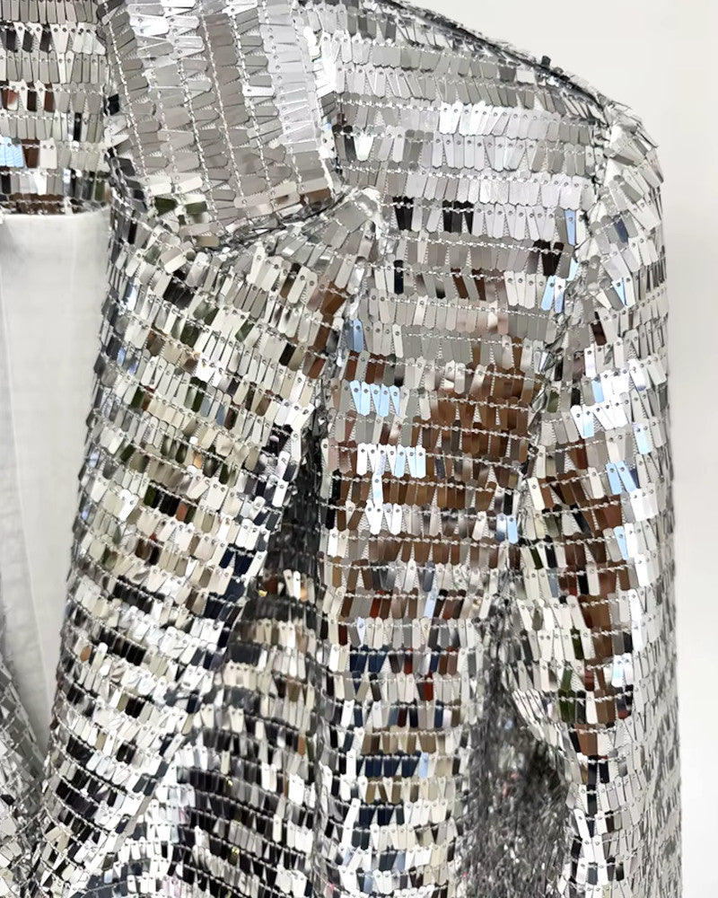 Long Sleeve Mirrored Sequin Suit Silver