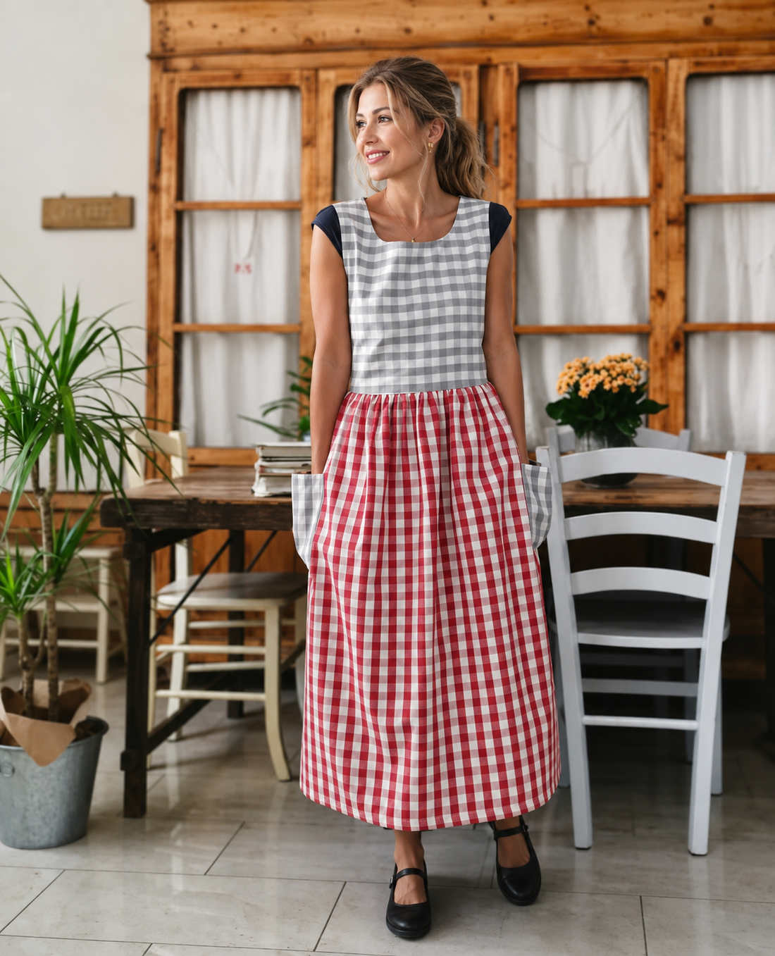 Women's Casual Plaid Apron with Ties