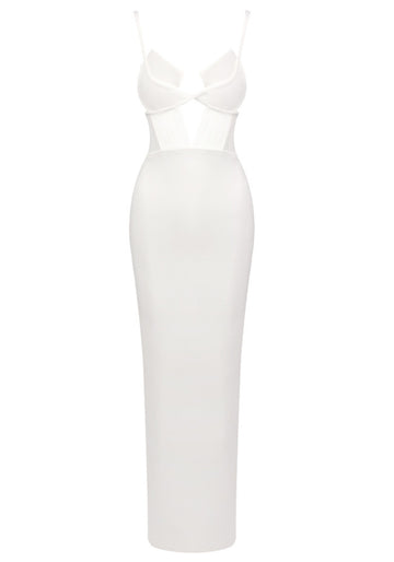 Bustier Draped Mesh Insert Maxi Dress White