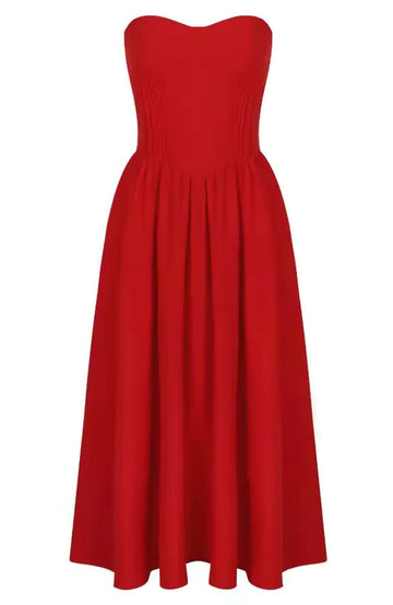Strapless Bustier Midi A Line Dress Red