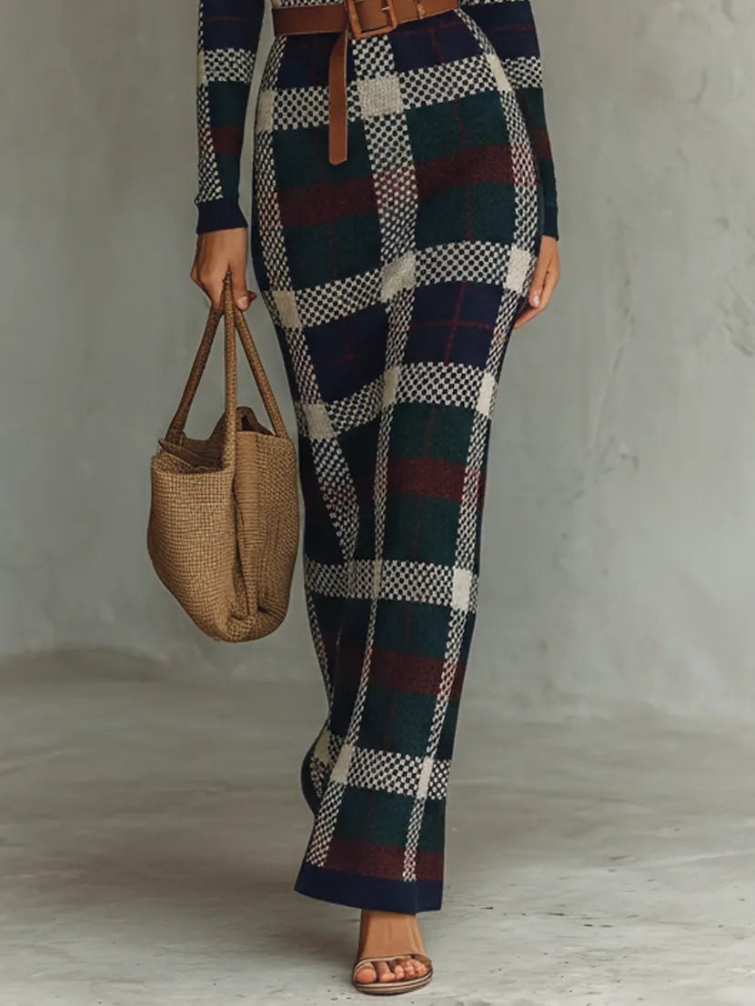 Women's Minimalist Check Knit Belted Square Neck Maxi Dress MDA2984J0Y