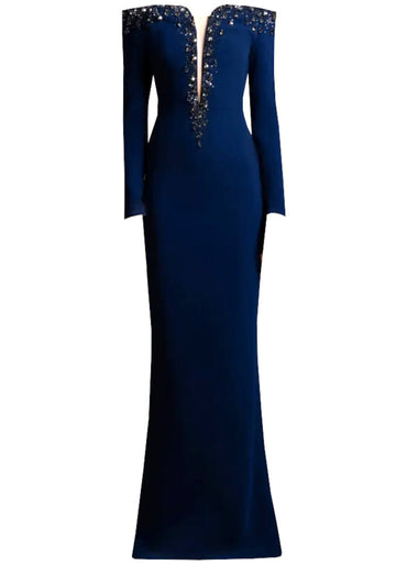 Long Sleeve Crystal Bardot Maxi Dress Navy Blue