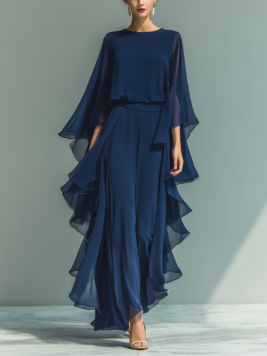 Women’s Navy Chiffon Flare Sleeve Ruched Waist Elegant Blouse MDZ1697D8T