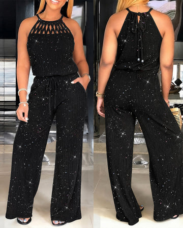 Women's Glitter Halter Tie Jumpsuit Casual Hollow Out Wide Leg Overalls Sparkling Drawstring Waist Jumpsuit with Pockets
