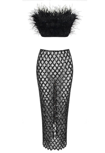 Strapless Feather Detail Midi Two Piece Dress Black