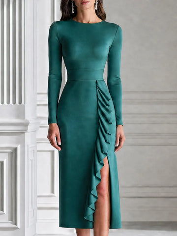Elegant Ruffle Slit Long Sleeve Sheath Midi Dress