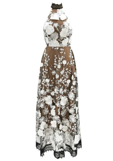 Halter Floral Crochet A Line Midi Dress Black White