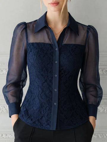 Navy Lace Sheer Sleeve Button Front Blouse