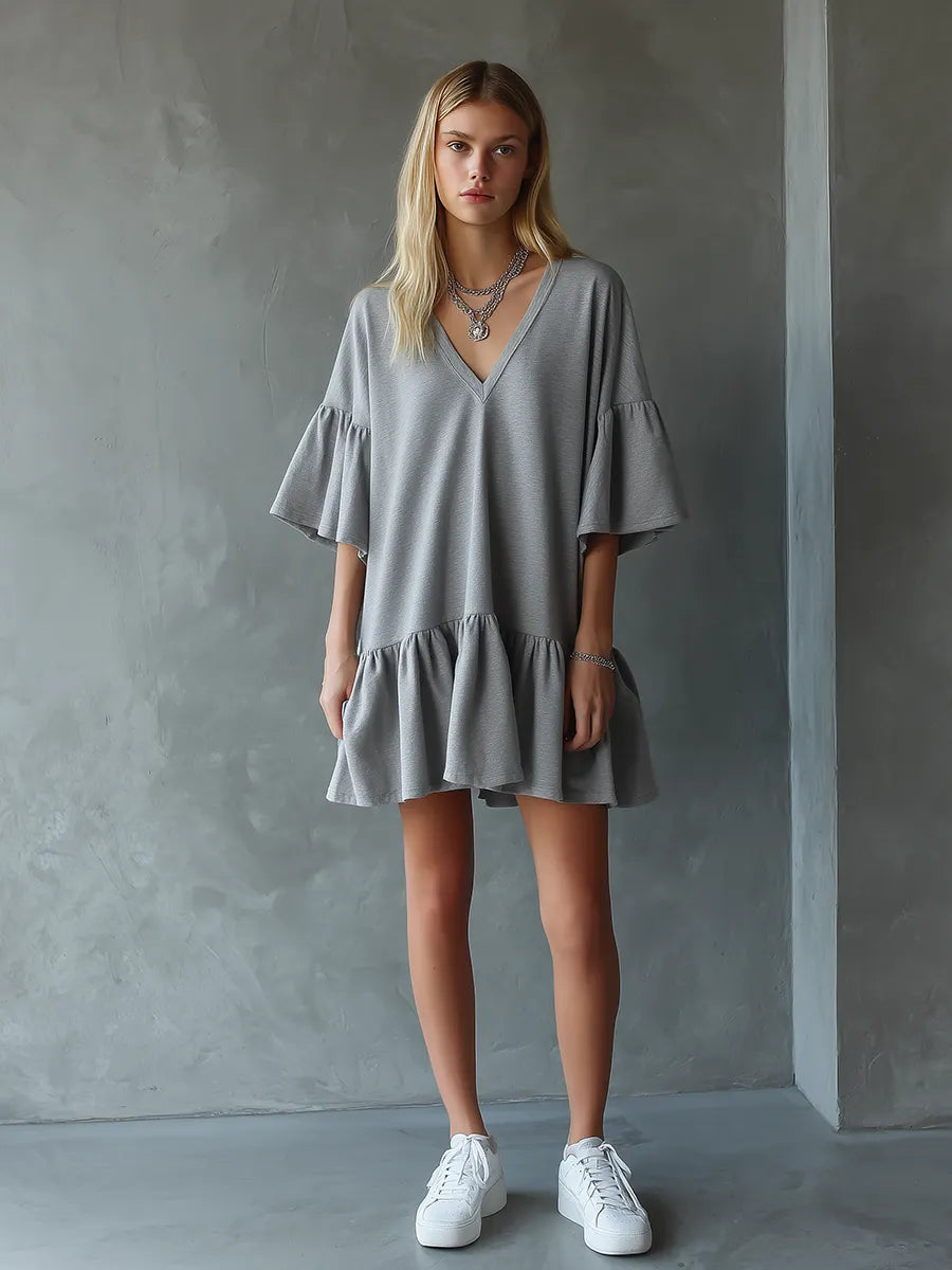 Women's Minimalist Gray Ruffled V-neck Mini Dress MDZ2482D6ZJW